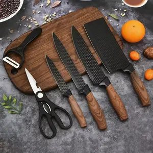 CookSide Professional 6-Piece Kitchen Knife Set, Chef Knife, Slicer, Scraper, Scissors, High Carbon Stainless Steel, Non-Stick Ergonomic Handle Block Lightweight Wooden Blade