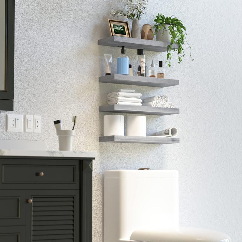 Modern Wall Shelves 4 Sets Floating Shelves with Invisible Brackets Display Shelves for Bedroom Bathroom Kitchen Living Room Decor Wooden Bookshelf Storage 5.7D x 15.72W x 1.22H