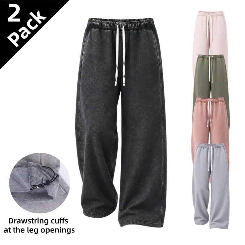 1/2-Pack Men’s Vintage Washed Baggy Sweatpants, Loose Straight-Leg Acid Wash Pants with Adjustable Drawstring Waist, Side Pockets and Drawcord Hem for Streetwear & Loungewear