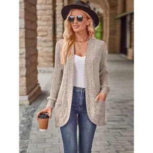 Women's Plain Pocket Open Front Cardigan, Casual Basic Long Sleeve Knitwear for Spring & Fall, Fashion Women's Knit Clothing for Daily Wear（gift） Womenswear Everyday