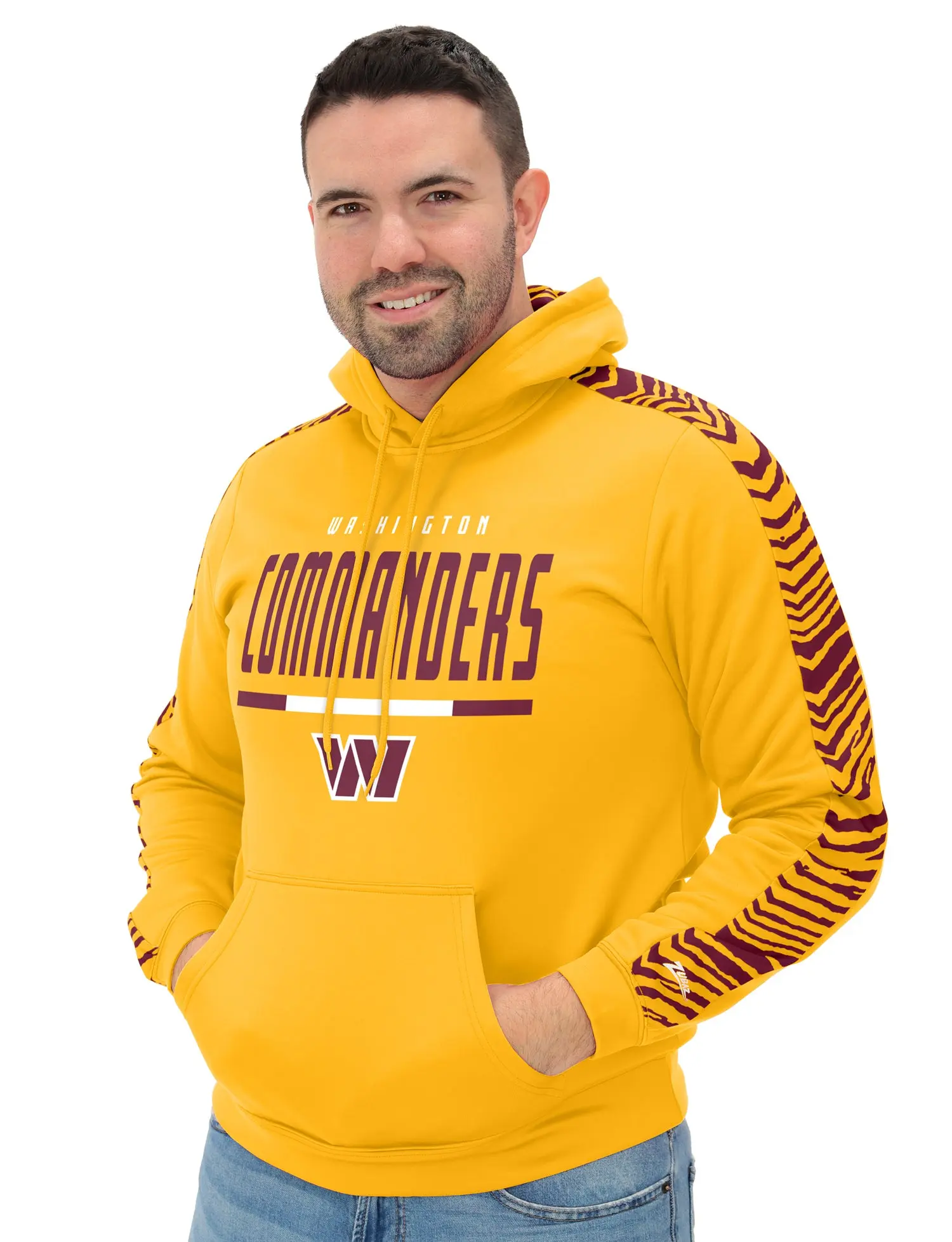 Zubaz NFL   Men's Linebacker Alternate Color 2 Color Zebra Sleeve Panel Hoodie, WASHINGTON COMMANDERS