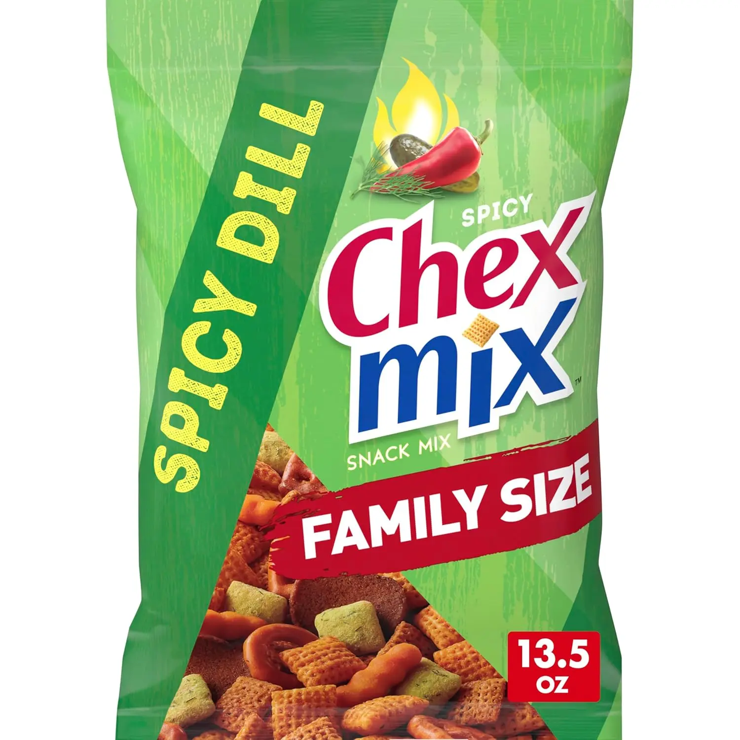 Chex Mix Spicy Dill Snack Mix Family Size 13.5 oz, Corn & Dill Chex, Rye Chips, Pretzels, Breadsticks, Crunchy Savory Snack Blend