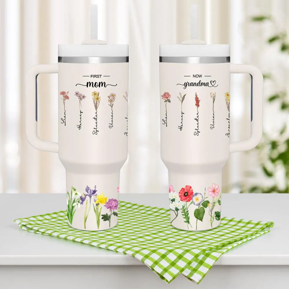 Personalized First Mom Now Grandma 40oz Tumbler with Straw Birthday Gift for Grandma,Abuela