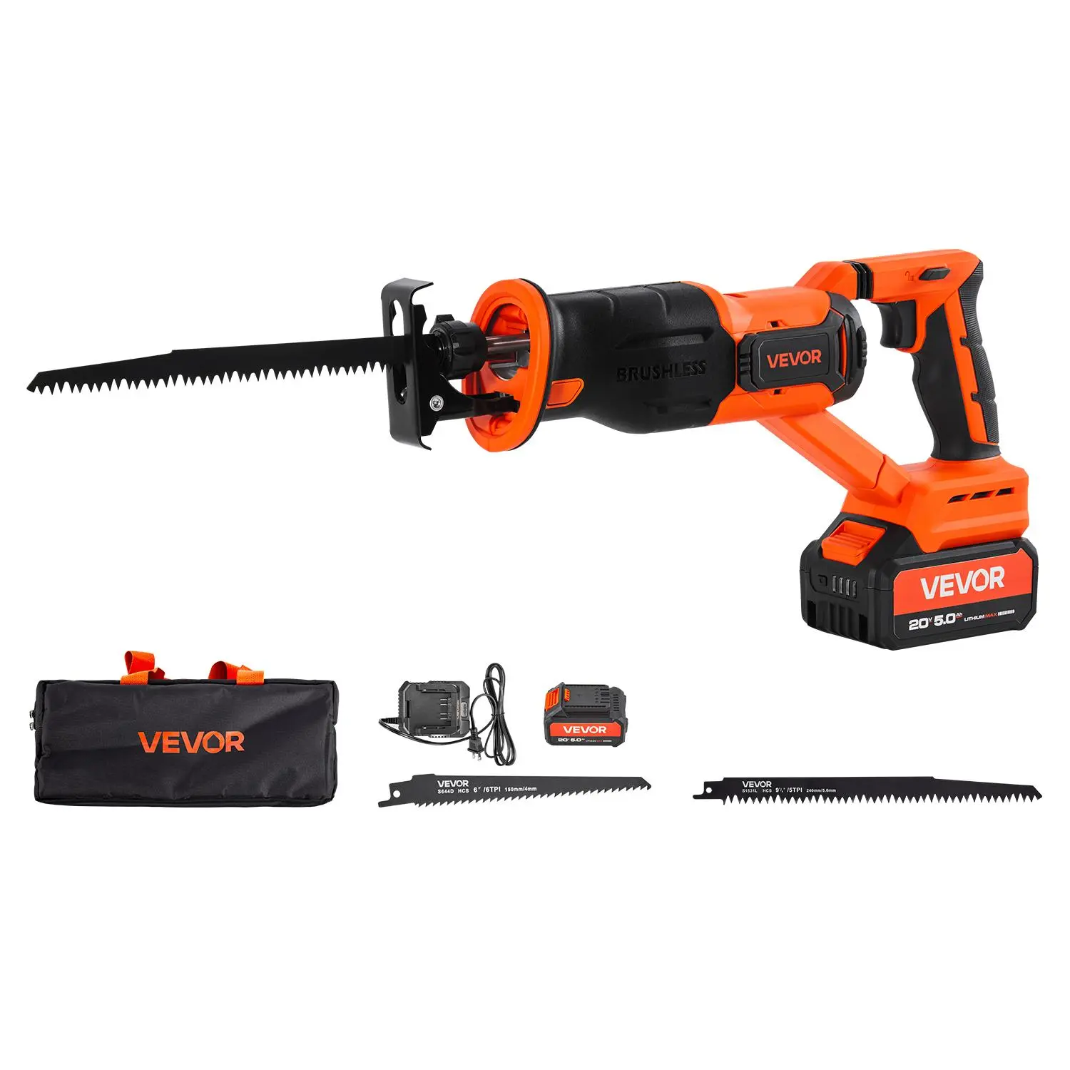VEVOR Cordless Reciprocating Saw Tool Kit, 20V Full Kit with 5000 mAh Batteries, 3000 SPM Variable Speed, 1in Stroke Length, Charger, 8 Blades, Hex Key, Carry Bag, 7.39lb Portable for Wood, Plastic Cutting, 5.91In Max Depth