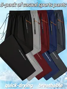 Men's Casual Sports Pants Set, Athleisure Summer Clothes, Breathable Quick-Dry Fabric, Waist Drawstring, Letter Pattern Zipper Pockets, All-Season Wear