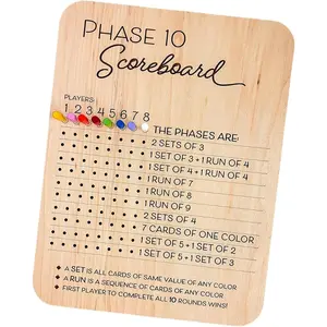 Wooden Phase 10 Score Board, Wooden Phase Scoreboard with Colored Pegs, Fun Table Board Card Game Accessories for Party Family Game Night, Board Family Games