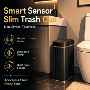 Touchless Garbage Can – Slimline Automatic Motion Sensor Bathroom Accessory, Compact Functional Hands-Free Bin with Gold Trim for Bathroom, Kitchen
