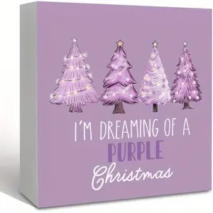 Christmas Halloween Decoration Gifts，Purple Christmas Wooden Box Sign - I'm Dreaming of a Purple Christmas - Desk Decor for Bathroom, Bedroom, Office - Tree Sign Shelf Decor 5x5 Inch