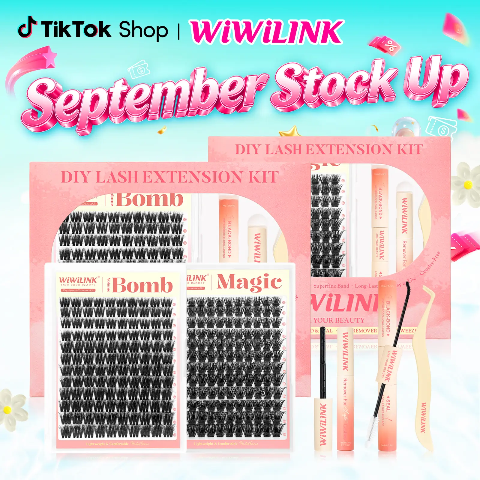 WiWiLINK Nature Lengthening Volume Bomb 3D Universal Eyelash Kit - C/D Curl Lash Cluster Set, 10-18mm DIY Lash Extensions with Ultra-Thin Transparent Bands, Bond, Seal & Remover