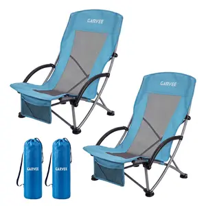 High Beach Chair 2 Pack, Folding Portable Beach Chairs for Adults with Cup Holder, Storage Pocket & Carry Bag for Camping, Beach, Travel