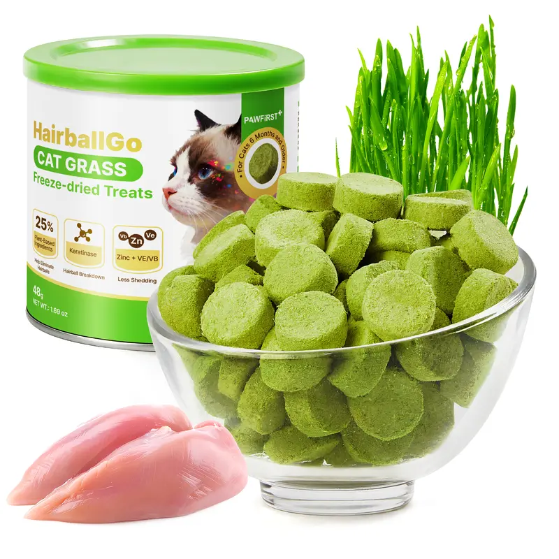 PawFirst Freeze-Dried Feline Grass Treats - High-Protein, Grain-Free Crunchy Bits with Chicken Breast, Barley Grass, B-Complex, Zinc for Indoor Cats, Kitten Supplies, Gut Health, Hairball Aid, Glossy Coat Boost, Sensitive Digestion Topper
