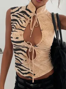 Animal Print Stand Collar Sleeveless Top, American Vintage Style, Slim Fit, Chest Cutout Tie Design, Fashion Clubwear, Unique and Stylish Vibe, Womenswear