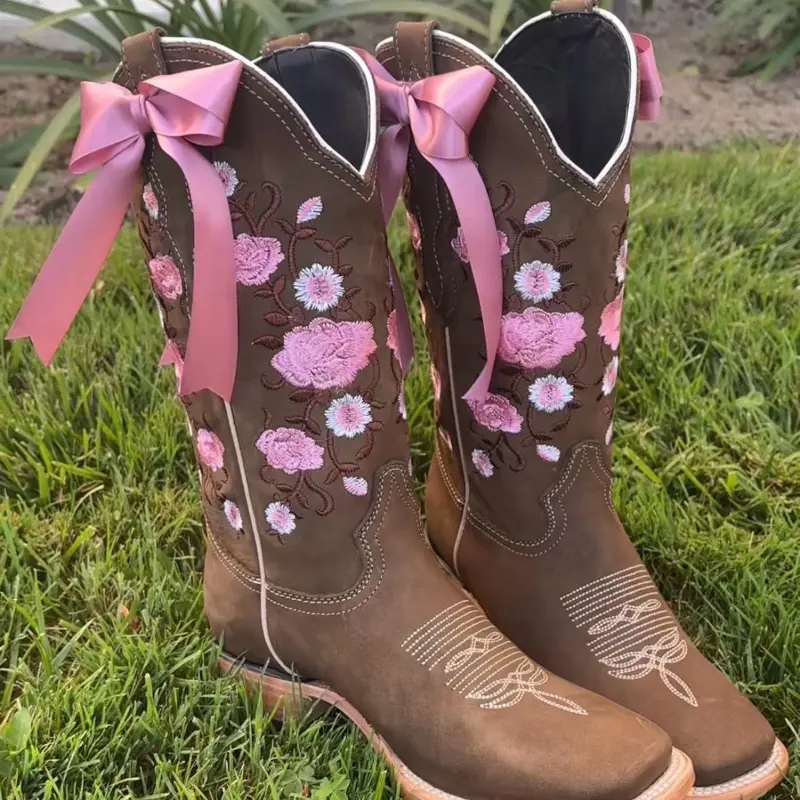 Duvalin Pink Bow Boots - Brown Western Style with Floral Embroidery Design