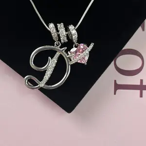 Tewiky 925 Silver 3-Layering Initial A-Z LetterPendant Necklaces for Women Snake Chain Choker Pink Heart Zircon Adjustable Length Necklace Jewelry For Valentine's Day gifts