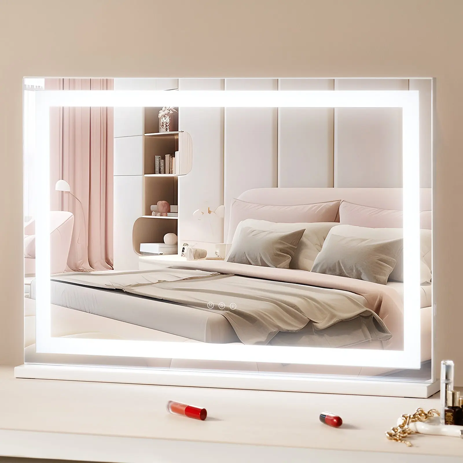 VEVOR Large Vanity Mirror with Lights, Three Color Lighting Modes, Lighted Makeup LED Mirror, 5X Magnification, USB Port, Smart Touch Control, Desktop Wall-Mounted (31.5x21.7 in, White)