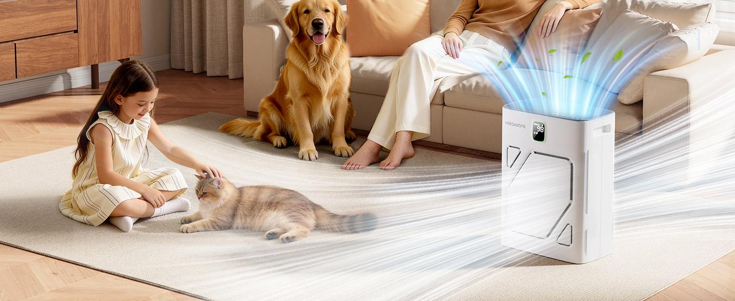 Meowant Pet Air Purifier with HEPA Double-Sided Filter Polygonal Inlet for Pet Hair Capture Activated Carbon H13 Filtration PM2.5 Monitor Quiet Smart Pet-Friendly