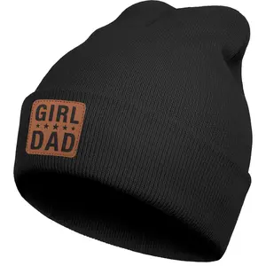Girl Father Daddy Dad Knit Beanie Hat Fathers Day for Dad Papa from Daughter Son Leather Patch Black Beanie Hats