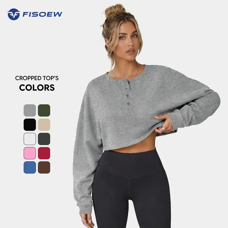 Fisoew Women's Cotton-Polyester Long Sleeve Sweatshirt - Cropped Henley Neck, Loose Fit, Breathable, Casual Workout Pullover - Long Sleeve Tops, Clothes for Women, Fall Fashion