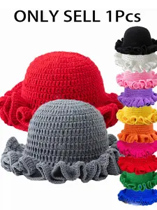 Unisex Handmade Knitted Wool Hat, Fall Winter Warm Thickened Windproof Cap, Simple Versatile Solid Color Beanie, Casual All-Purpose Hat, Casual Ruffle Cap