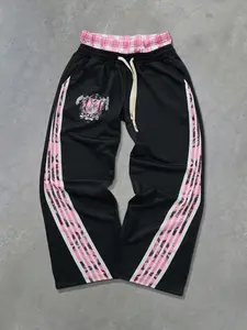 Men's Vintage Casual Sports Athleisure Pants with Multicolor Gradient Stripes, Soft Breathable Fabric & Adjustable Waist, Retro Angel Badge Design for Summer Music Festivals and Streetwear