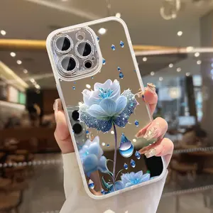 Blue Water Drops Glitter Flowers Phone Case for iPhone 14 15 16 Pro Max 13 12 11, Female Full Package Shockproof Mirror Phone Cases