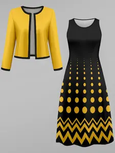 Women's Dress Set Spring Autumn Fashion Patchwork Long Sleeve Cardigan + Polka Dot Sleeveless Dress, Casual Loose Fit, All Seasons, Casual Wear, Womenswear