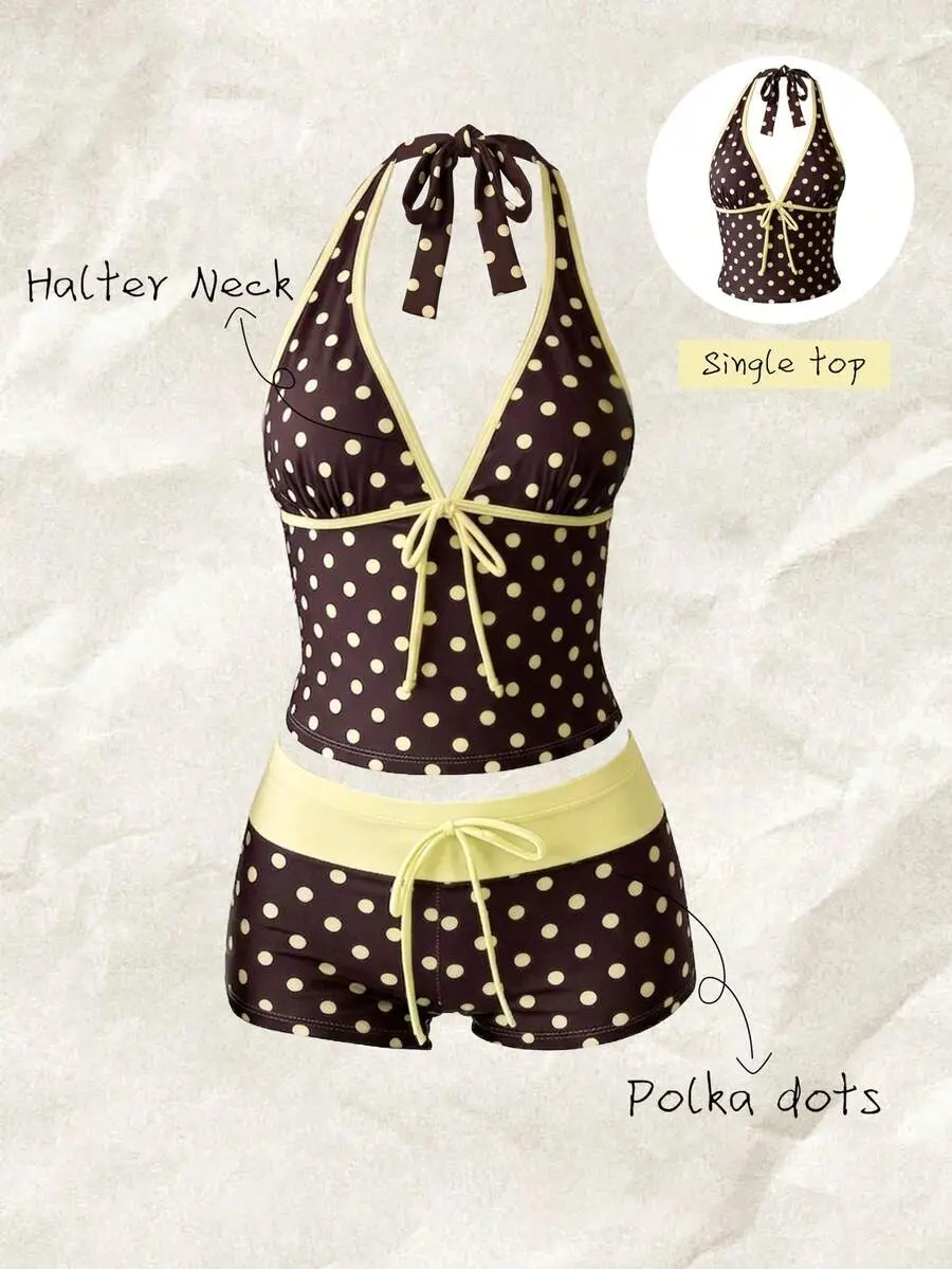 [ Shirt only ] YESS Women's Halter Neck Sleeveless Polka Dot Tankini Top With Matching Short Bottom Set