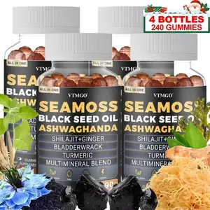 4 PCS-Sea Moss, Black Seed Oil, Ashwagandha, Ginger, Shilajit Gummies with Elderberry, Chlorophyll, Turmeric Bladderwrack Sea Moss Gummies Advanced Strength Formula - All in 1 Bundle