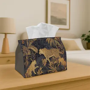 1PC Tissue Box Holder Leopard in jungle scene - Multifunctional Napkin Dispenser for Home, Party, Car Decor - Decorative Tissue Paper Organizer, Living Room, Bedside Table - Compatible with Tissues/Roles/Sheets