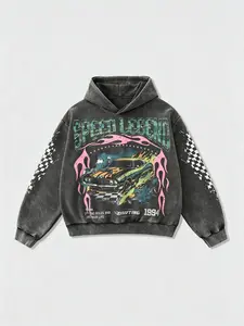 Men's Street Style Streetwear Graphic Hooded Sweatshirt, Fitted Vintage Wash Short Design, Casual Fashion for Daily Wear & Outdoor Activities, Graphic Sweatshirts, Menswear