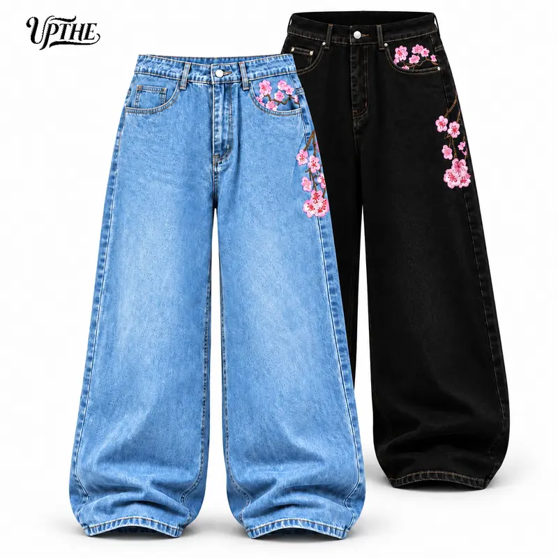 UP THE-Men Baggy Wide Leg Jeans, Raw Dark Black Denim Pants with Pink Cherry Blossom Embroidery, Y2K Streetwear Senior Baggy Jeans for Men, Ideal for Back to School, Daily Hangout & Street Style,sohochic
