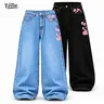 UP THE-Men Baggy Wide Leg Jeans, Raw Dark Black Denim Pants with Pink Cherry Blossom Embroidery, Y2K Streetwear Senior Baggy Jeans for Men, Ideal for Back to School, Daily Hangout & Street Style