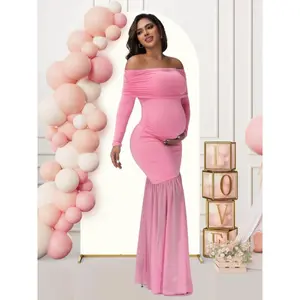 Maternity off-shoulder long-sleeve dress with mesh patchwork and side slit — stretchy slim-fit mermaid maxi suitable for baby showers, photoshoots, and weddings. Elegant solid-color maternity wear that can also be worn with a raincoat.