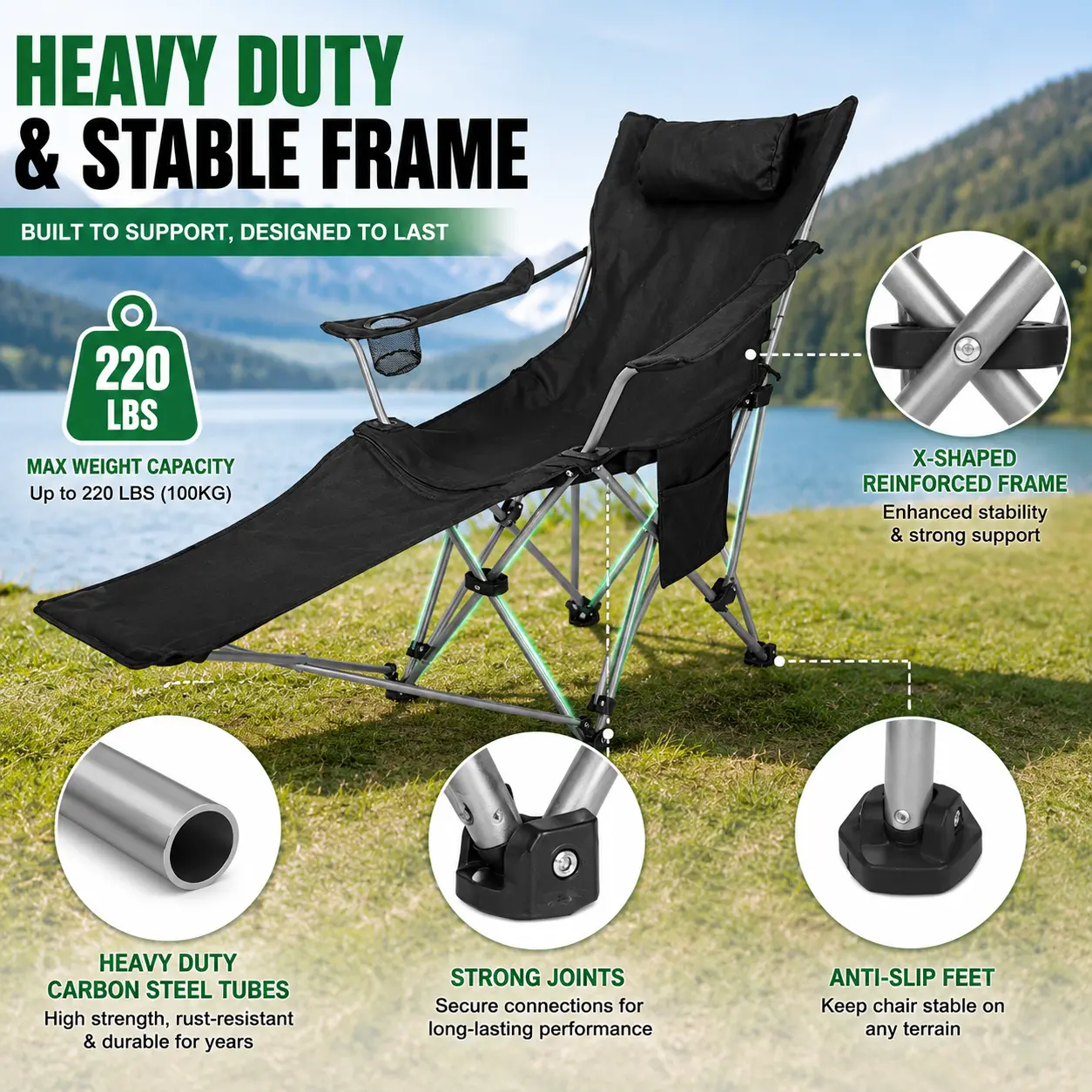 Heavy Duty Reclining Camping Chair - Compact Space-Saving Portable Folding Lounger with 4-Position Recline, Detachable Footrest (Detachable Parts), Waterproof 600D Oxford, Carbon Steel Frame, Holder, for Backyard Rest & Outdoor Use, Collapsible-5644