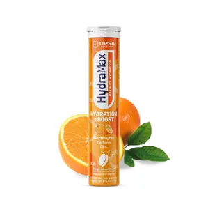 HydraMax Hydration + Boost Effervescent Tablets – Electrolytes with Caffeine & Zinc, Orange Flavor, 16 Tablets