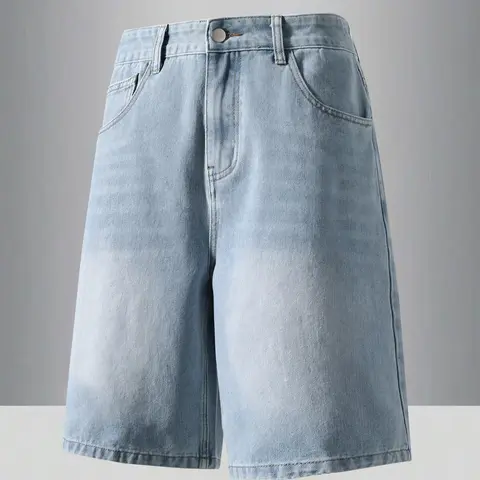 Men's Solid Color Light Wash Mid Denim Jeans Shorts, Loose Casual Comfy Minimalist Streetwear Straight Leg Shorts for Summer, Men's Bottoms for Daily Wear