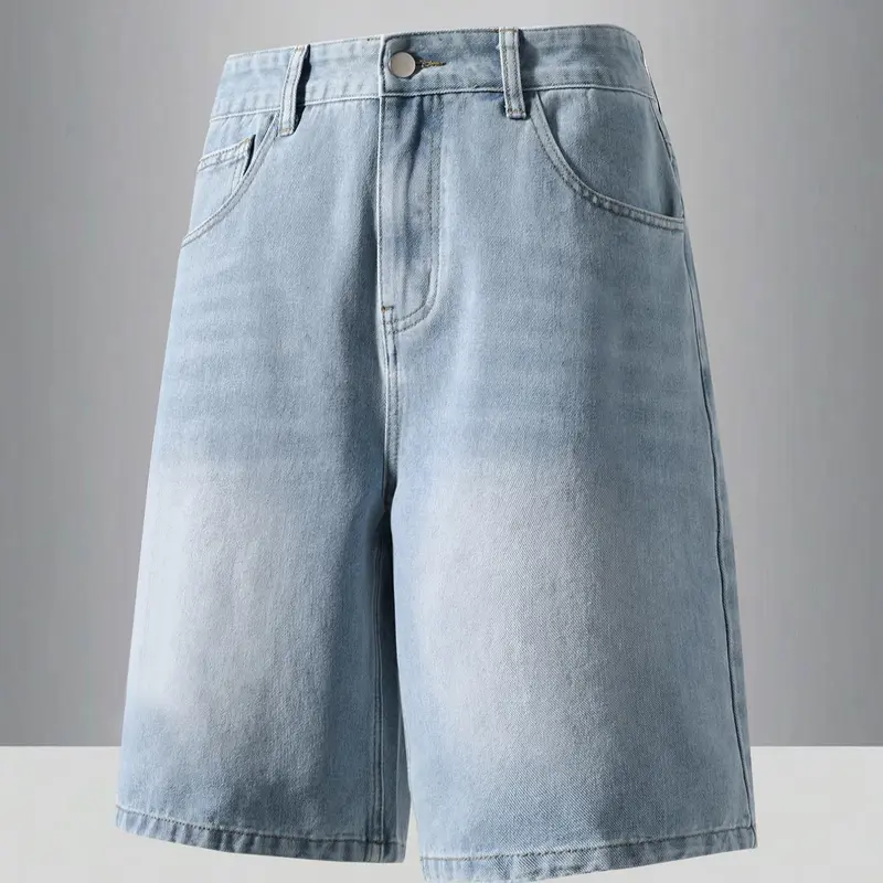 Men's Solid Color Light Wash Mid Denim Jeans Shorts, Loose Casual Comfy Minimalist Streetwear Straight Leg Shorts for Summer, Men's Bottoms for Daily Wear