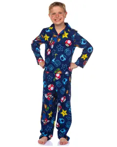 Mario Pajamas Kid's Nintendo Super Mario AOP Icons Print 2-Piece Long Sleeve Button Down Coat PJ Pant Set Boys Girls