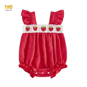 Baby Girl Strawberry Outfit Flutter Sleeve Strawberry Bow Smocked Romper Infant Baby Gingham Summer Clothes 0-18M