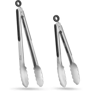 Stainless Steel Kitchen Tongs Set of 2 - 9" and 12", Locking Metal Food Tongs Non-Slip Grip