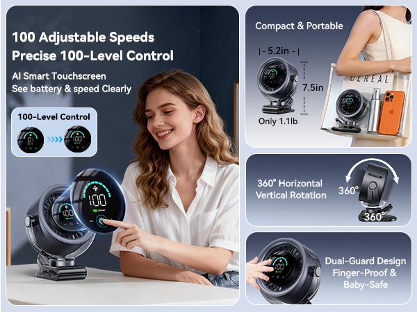 4000mAh Rechargeable Portable Clip on Fan-100-Speed Touch Control, LED Display, 360° Rotate Quiet Turbo Desk Fan, Small Battery Operated USB Fan for Stroller Bed Travel Camping Golf Gym