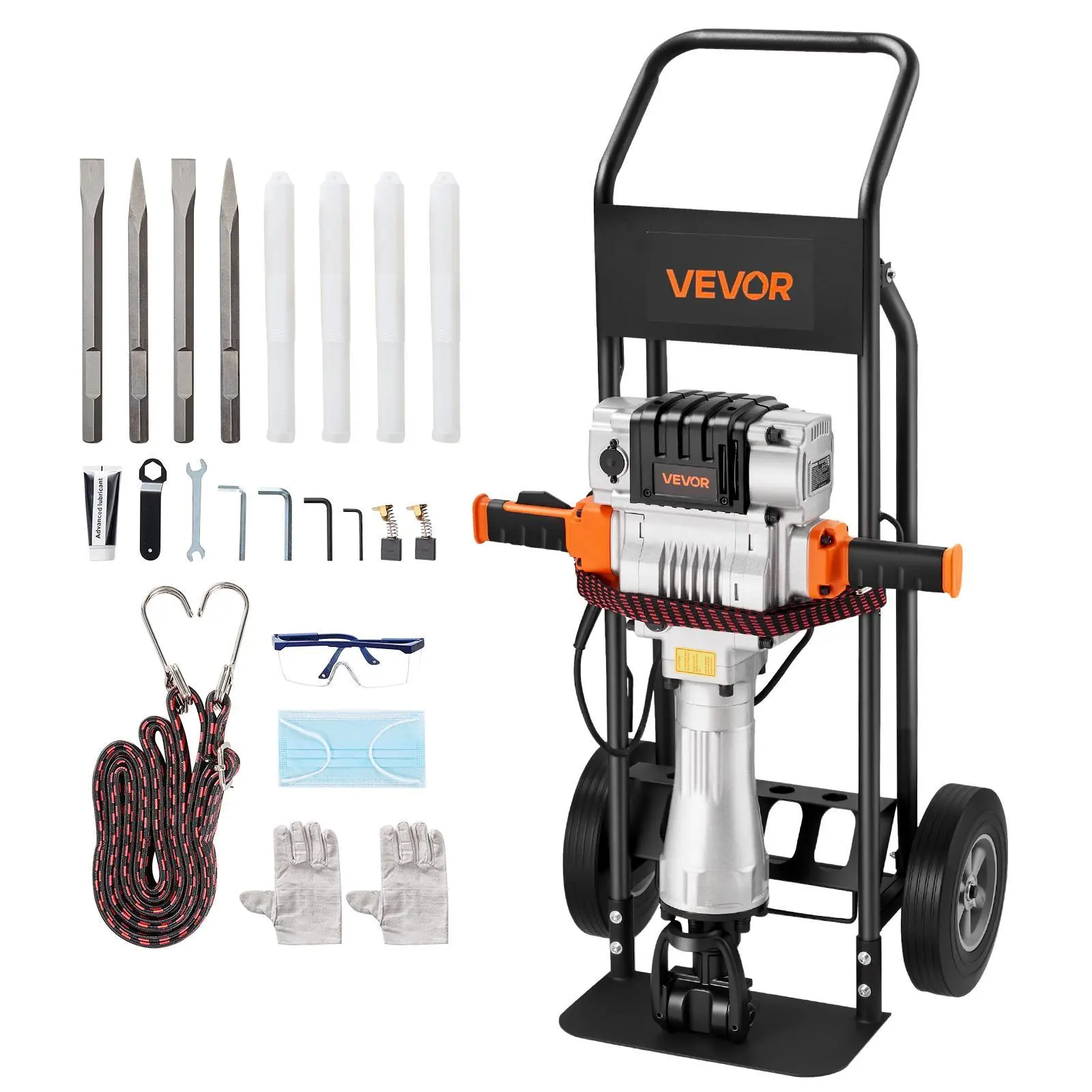 VEVOR Electric Demolition Jackhammer, 2100W Powerful Concrete Breaker with Chisels Set, Hand Trolley, Gloves, for Concrete Work, Wall/Foundation