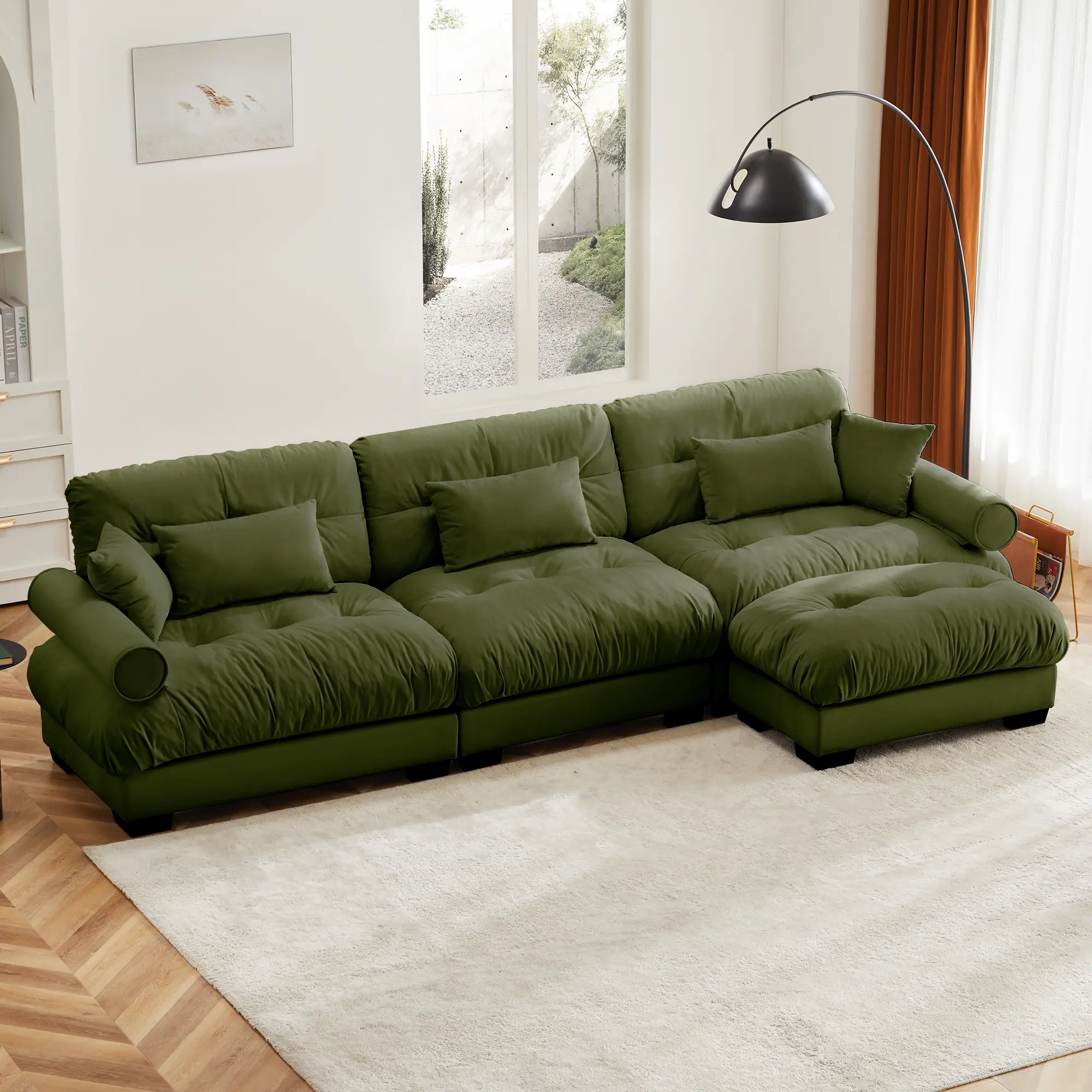 Eyisean 130" Velvet Fabric L Shaped Couch, 3-Seater Oversized Modular Sectional Sofa with Movable Ottoman, Detachable Arms, Deep Seat, Vacuum Packed, Easy Assembly for Living Room (Luxury Look)