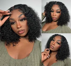 Nerkre TiktokShop Deep Wave Curly BOB Wig Human Hair 180 Density 4x4 HD Lace Closure Wigs for Black Women Glueless Wear and Go Pre Plucked Deep Wave Wet and Wavy Glueless Wigs Human Hair Natural Black