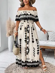 Boho Chic One-Shoulder Split Dress, Sexy Shoulder Design, Waist-Cinch Sand Dollar Shape, Geometric Print, Breathable Cotton Linen, Perfect for Vacation and Commute