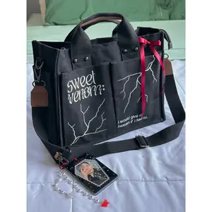 Kpop All Around Canvas Tote, Adjustable Strap, Multi-Compartment, Casual Large Capacity Crossbody Tote, Large Canvas Tote with Multiple Pockets