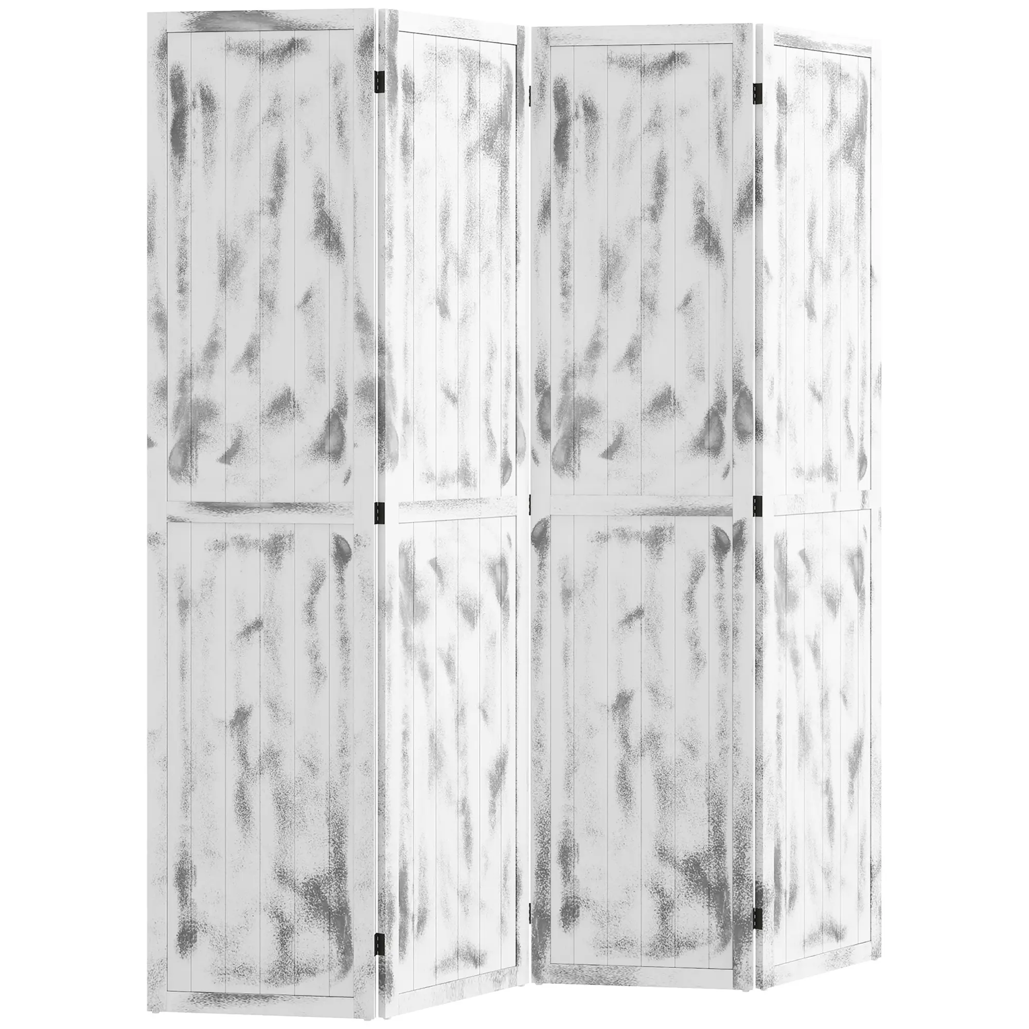 Rustic White Freestanding Folding 4-Panel Privacy Screen Room Divider - 67in Tall, 63.25inW x 0.75inD x 67inH, Wood-Grain MDF Panels, 9 Hinges, Foldable Corner-Storage Design, No Assembly Needed (for Living Room/Office)