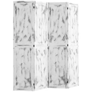 Rustic White Freestanding Folding 4-Panel Privacy Screen Room Divider - 67in Tall, 63.25inW x 0.75inD x 67inH, Wood-Grain MDF Panels, 9 Hinges, Foldable Corner-Storage Design, No Assembly Needed (for Living Room/Office)