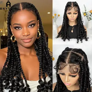 Anytime Wig Box Braided Wigs Square Knotless Box Braids Hair Full Lace Cornrow Braiding Glueless Wig with Curly Hair For Black Women