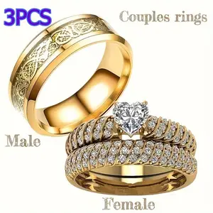 3Pcs Couples Ring Set for Men and Women - Gold-Plated Celtic Band for Him and Sparkly Heart Cut Halo Rings Set for Her - Romantic Engagement Promise Jewelry
